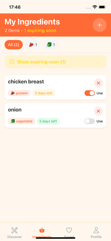 Ingredients Management Screen